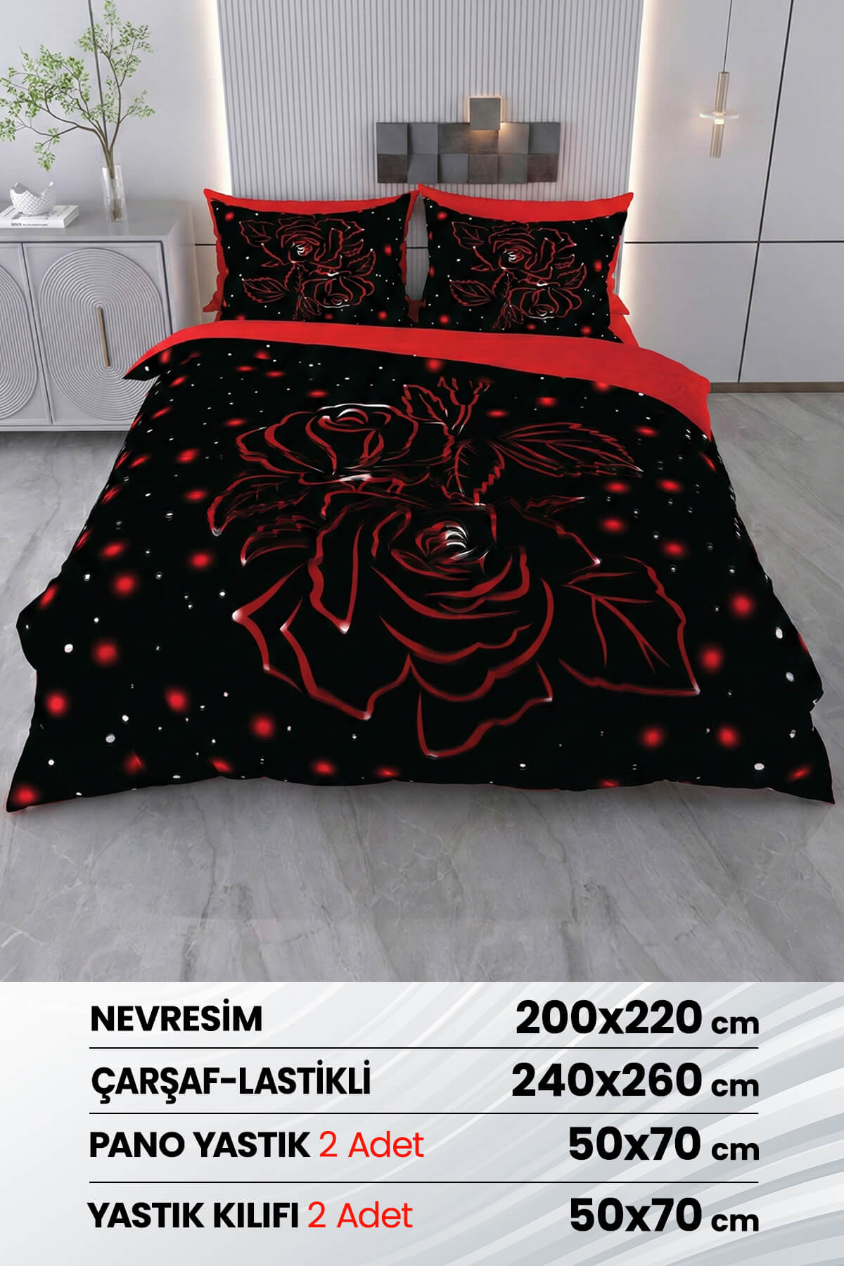 Çift Kişilik 3D Baskılı %100 Pamuk Saten 6 Parça Nevresim Takımı