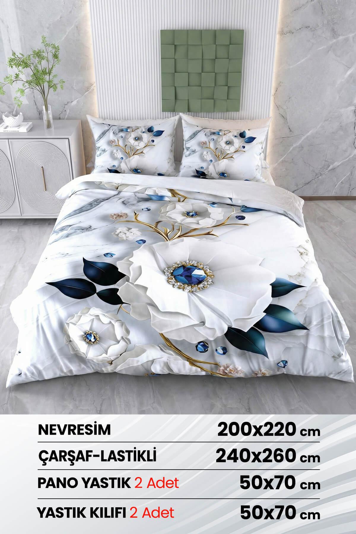 Çift Kişilik 3D Baskılı %100 Pamuk Saten 6 Parça Nevresim Takımı