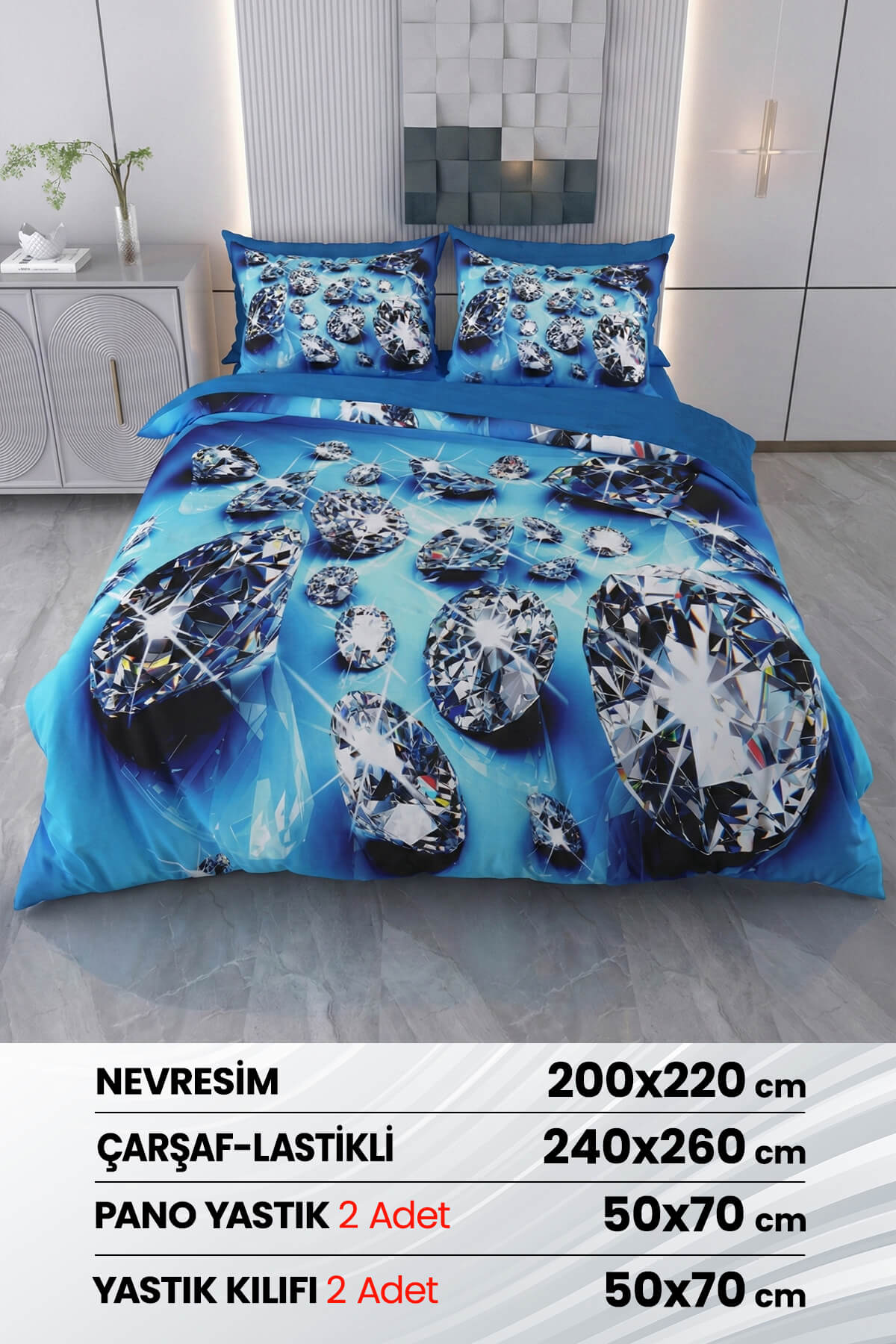 Çift Kişilik 3D Baskılı %100 Pamuk Saten 6 Parça Nevresim Takımı