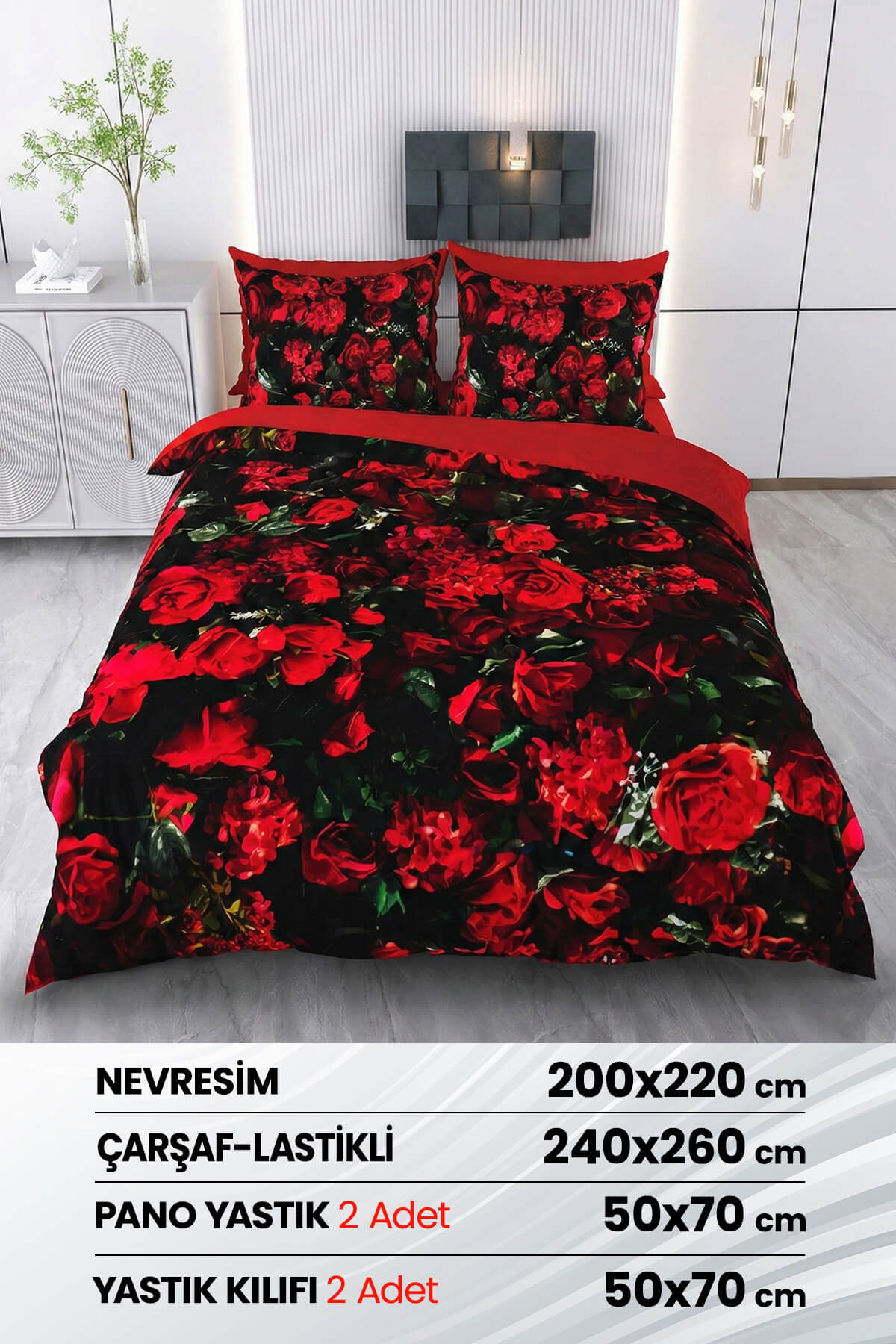 Çift Kişilik 3D Baskılı %100 Pamuk Saten 6 Parça Nevresim Takımı