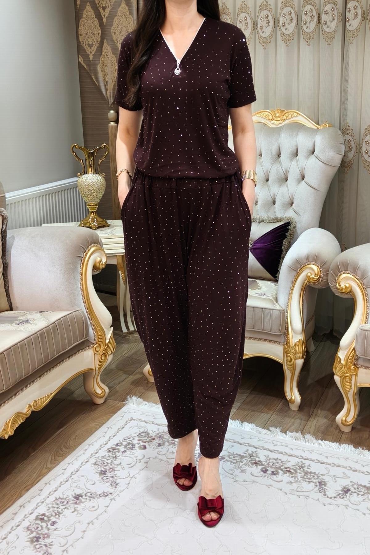 Taşlı Simli Kadın Şalvar Takımı 2 Parça