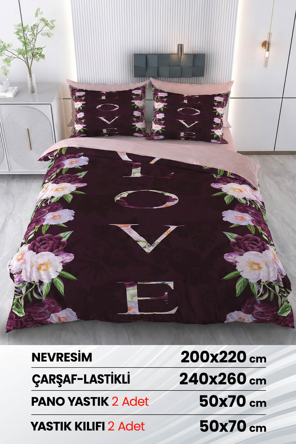 Çift Kişilik 3D Baskılı %100 Pamuk Saten 6 Parça Nevresim Takımı