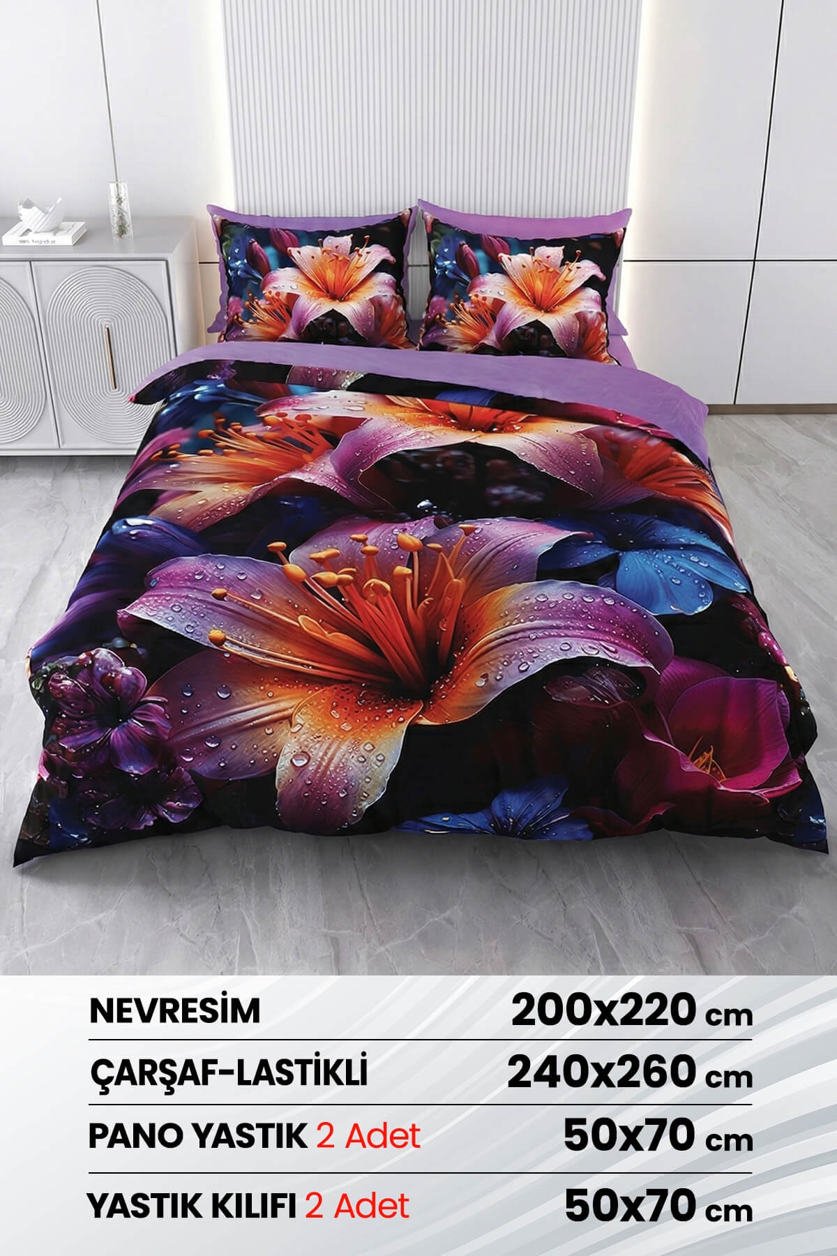 Çift Kişilik 3D Baskılı %100 Pamuk Saten 6 Parça Nevresim Takımı