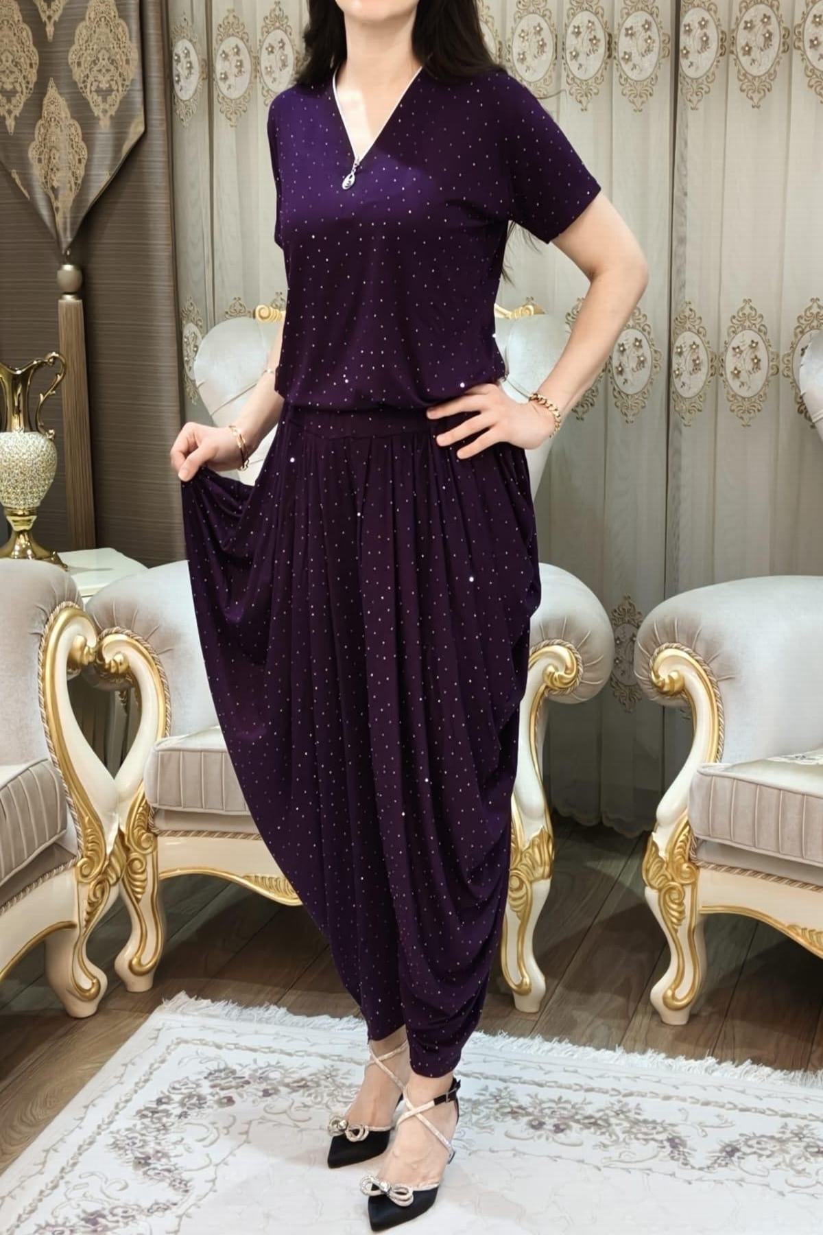 Taşlı Simli Kadın Şalvar Takımı 2 Parça