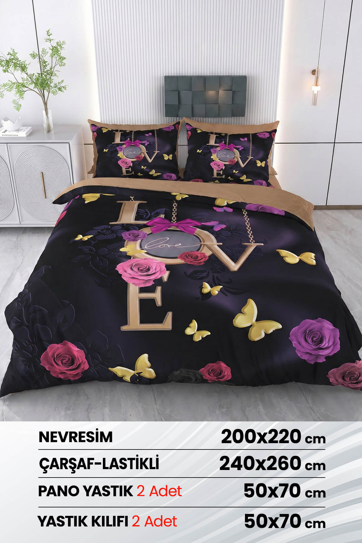 Çift Kişilik 3D Baskılı %100 Pamuk Saten 6 Parça Nevresim Takımı