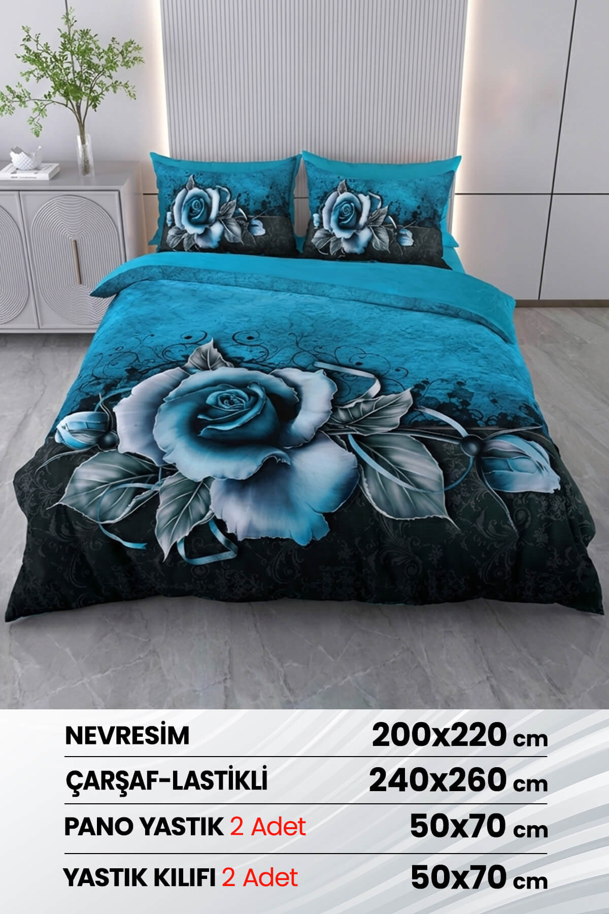 Çift Kişilik 3D Baskılı %100 Pamuk Saten 6 Parça Nevresim Takımı