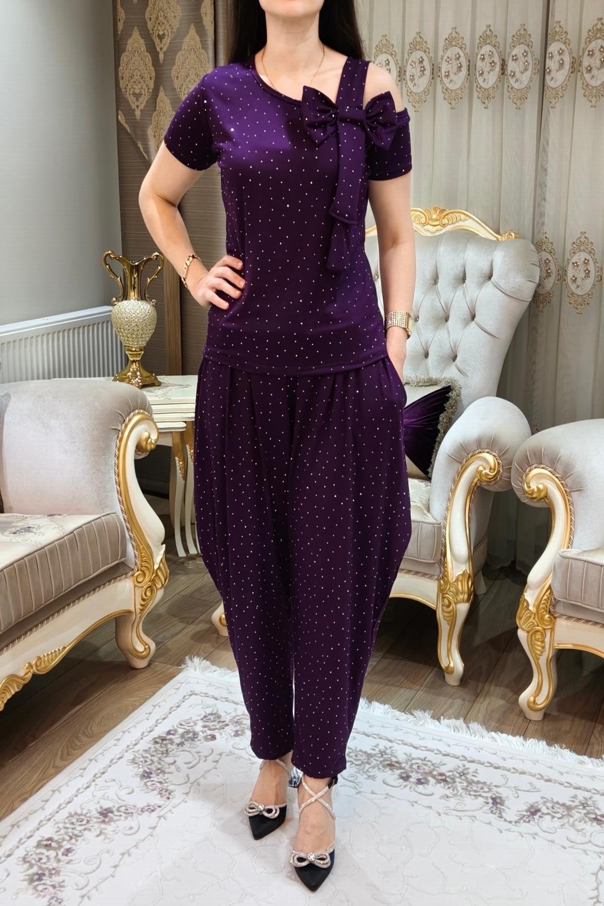 Taşlı Simli Kadın Şalvar Takımı 2 Parça