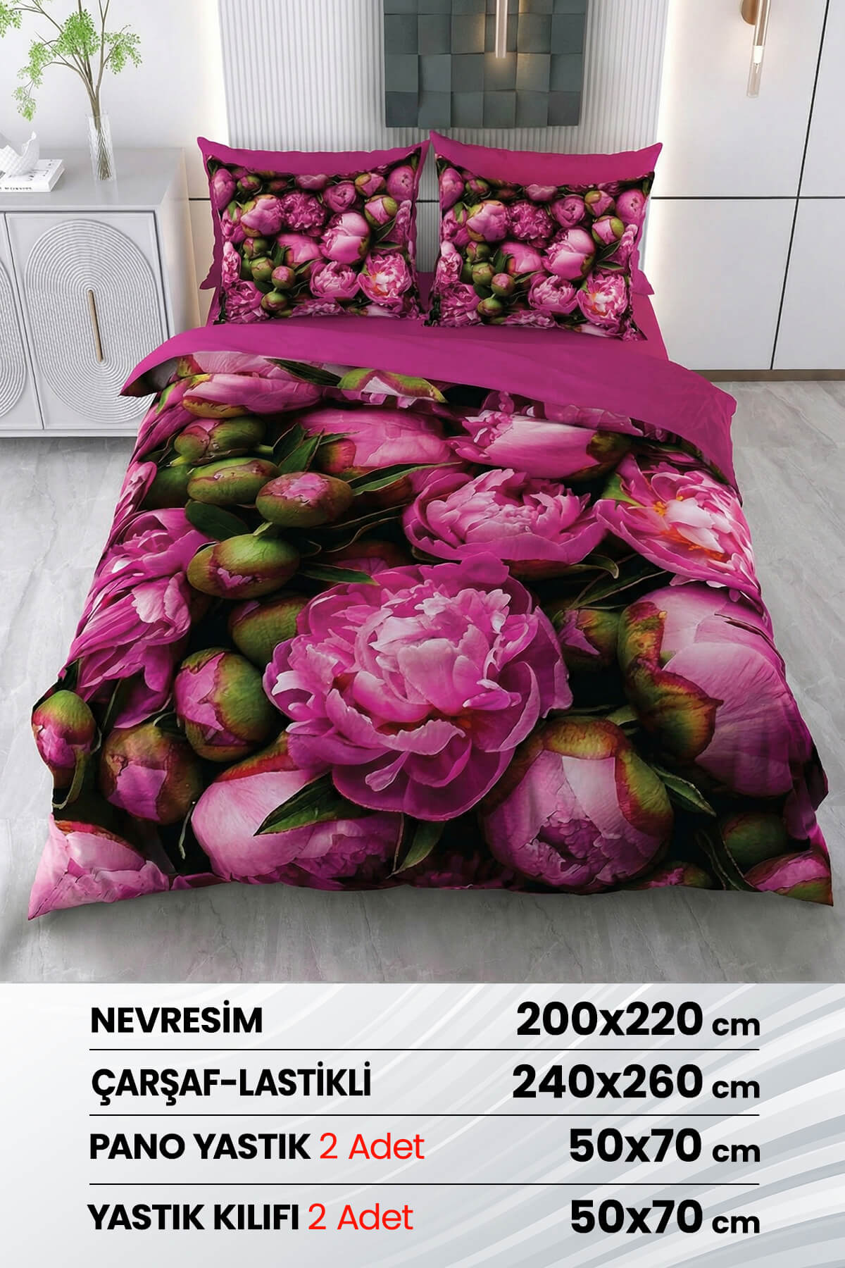 Çift Kişilik 3D Baskılı %100 Pamuk Saten 6 Parça Nevresim Takımı