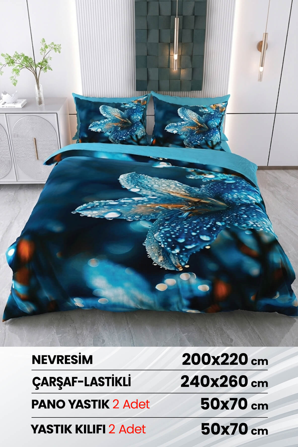 Çift Kişilik 3D Baskılı %100 Pamuk Saten 6 Parça Nevresim Takımı