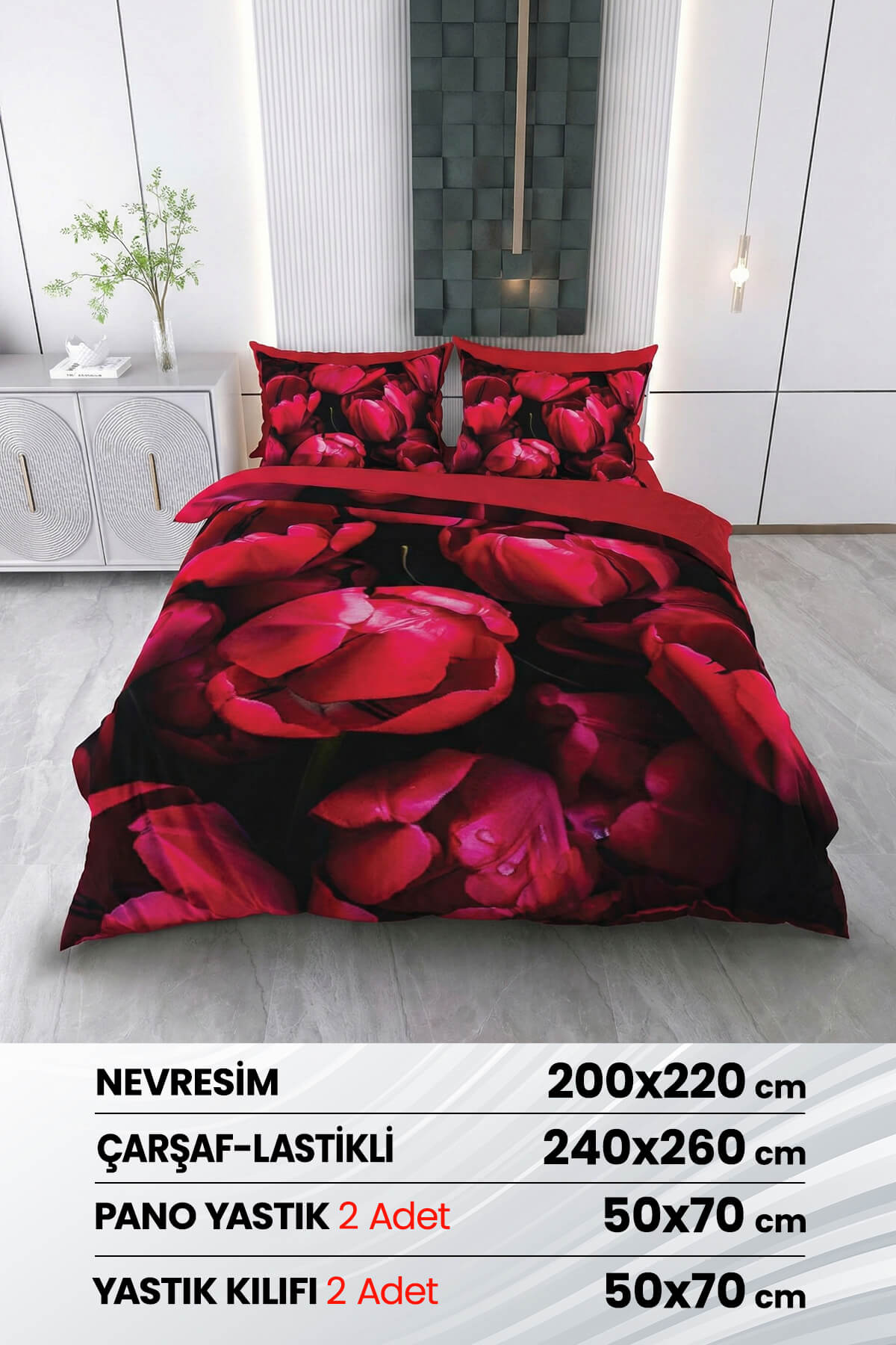 Çift Kişilik 3D Baskılı %100 Pamuk Saten 6 Parça Nevresim Takımı