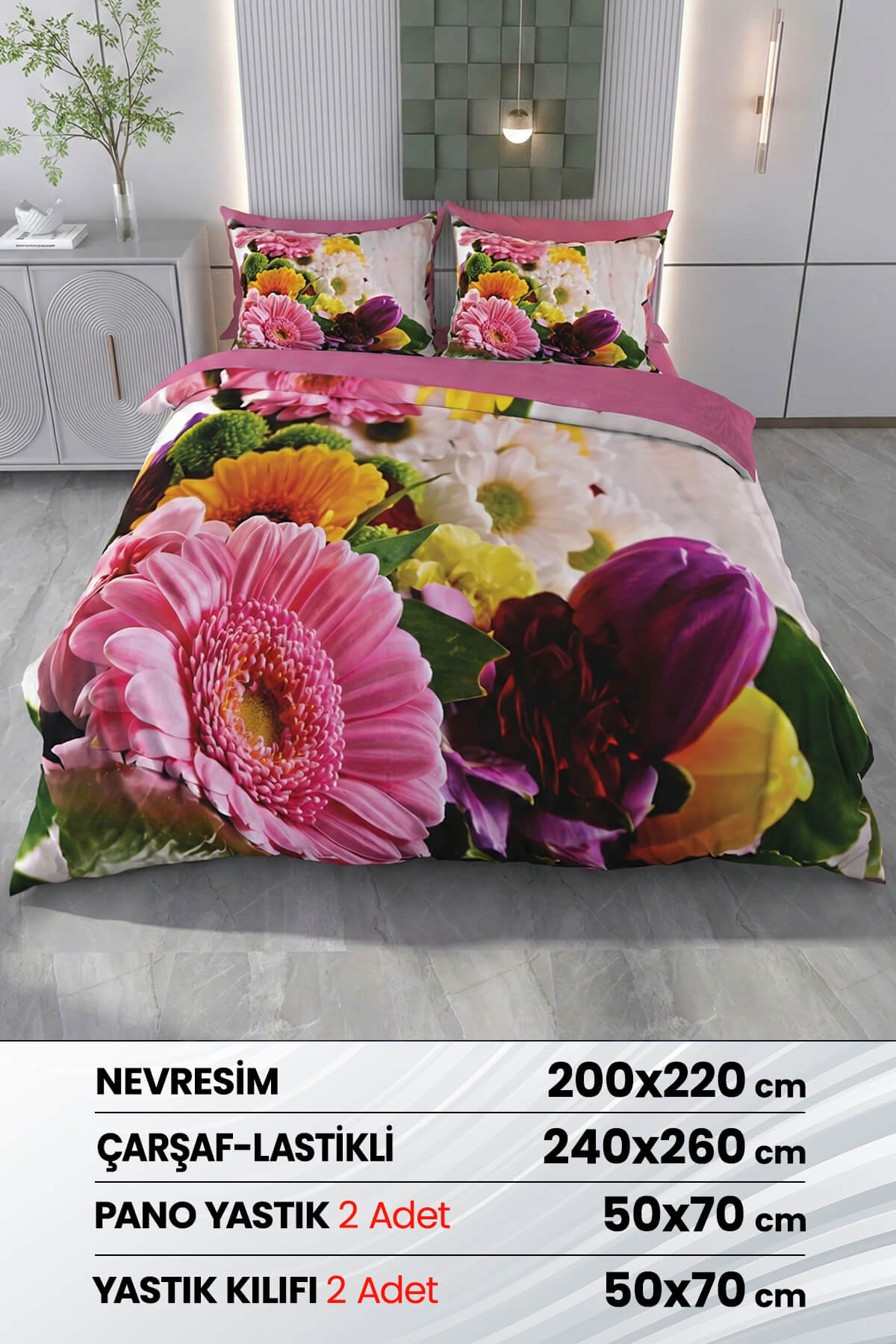 Çift Kişilik 3D Baskılı %100 Pamuk Saten 6 Parça Nevresim Takımı