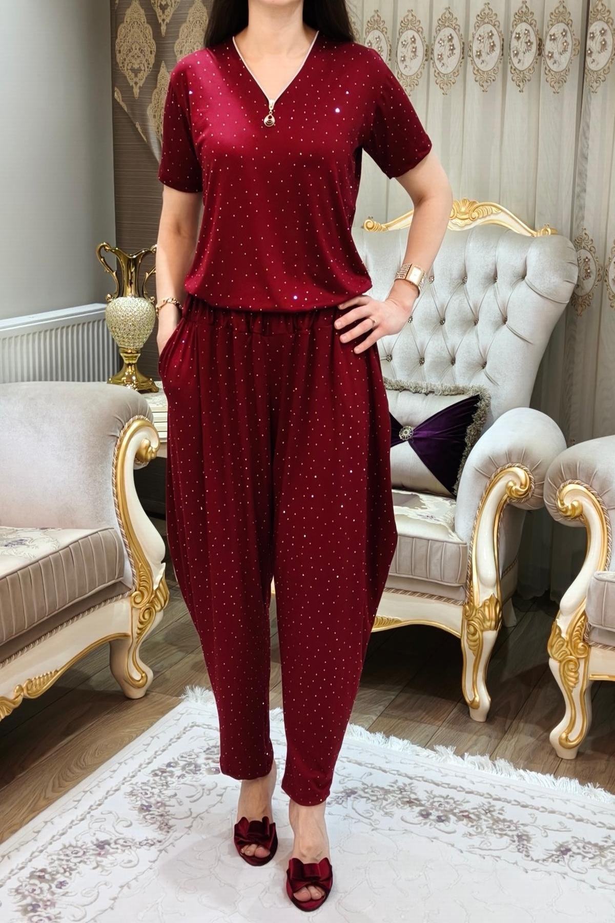 Taşlı Simli Kadın Şalvar Takımı 2 Parça