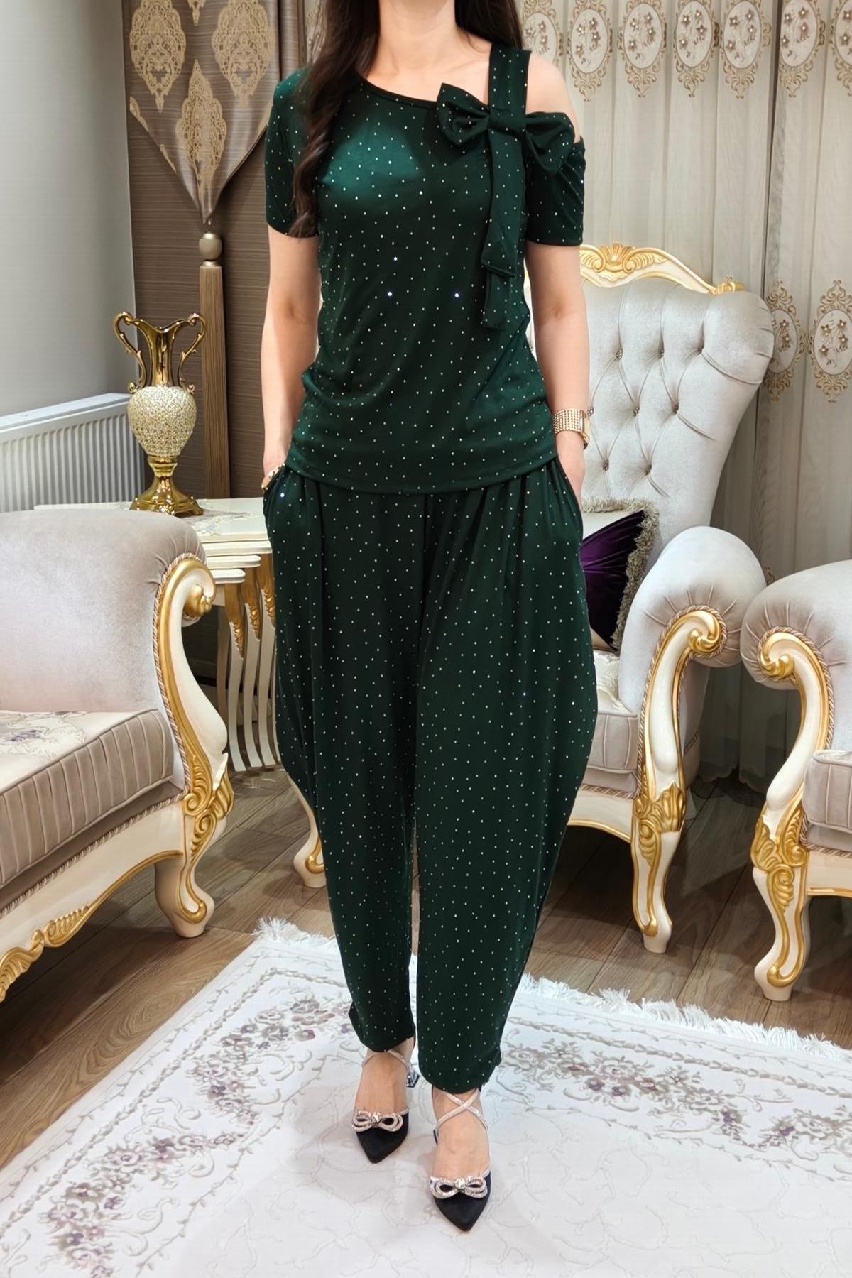 Taşlı Simli Kadın Şalvar Takımı 2 Parça