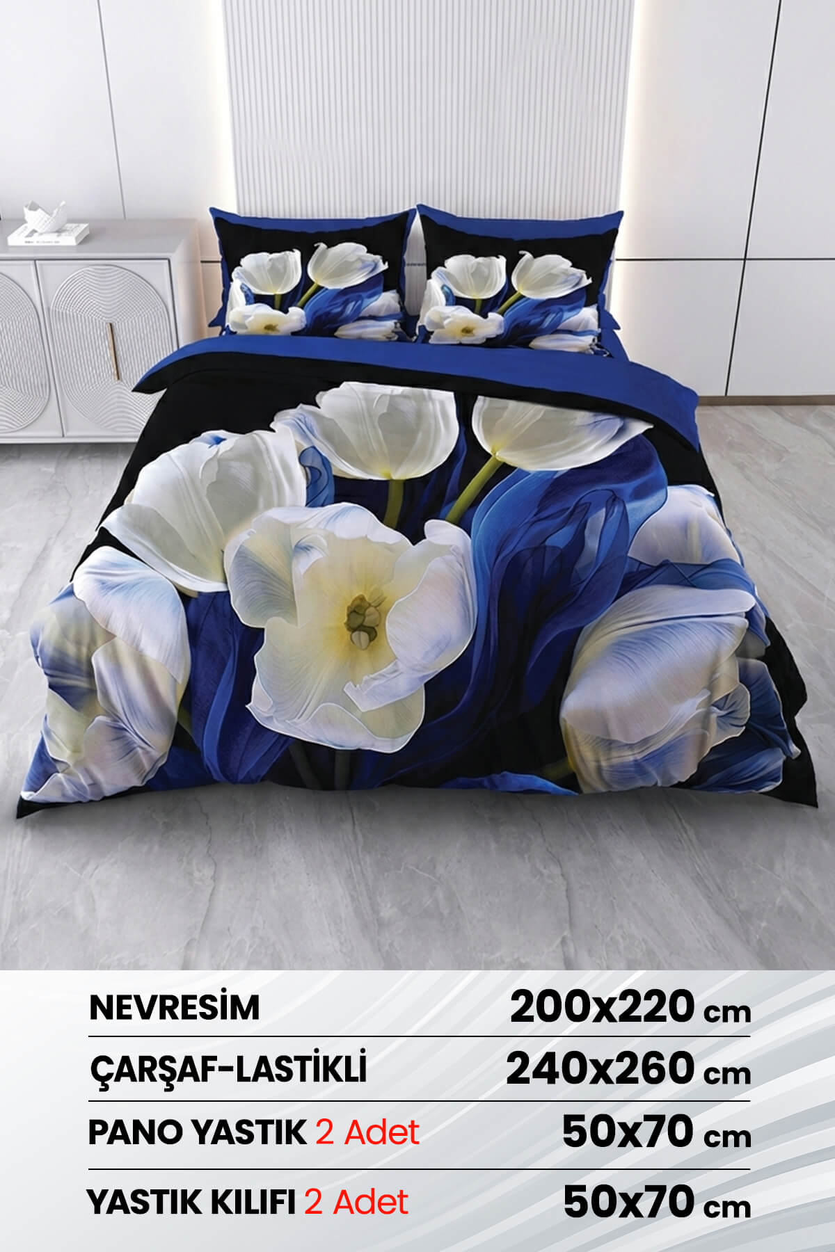 Çift Kişilik 3D Baskılı %100 Pamuk Saten 6 Parça Nevresim Takımı